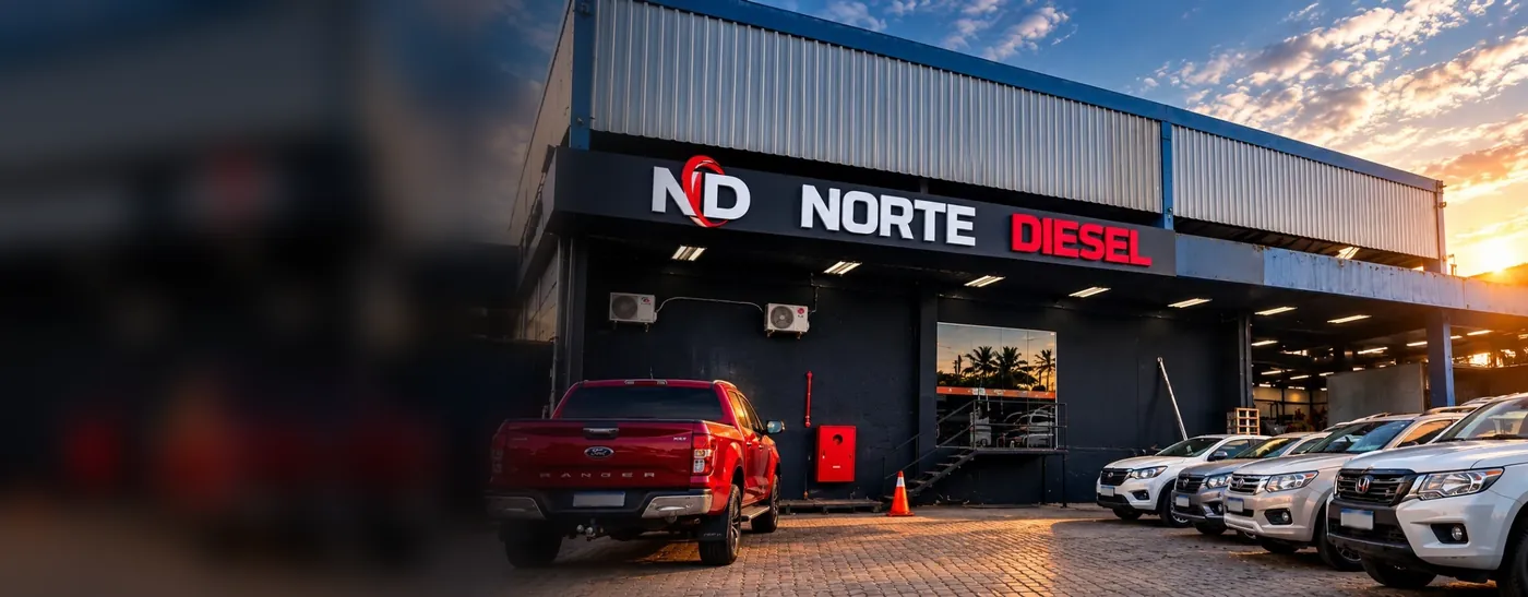Fachada da oficina Norte Diesel em Pirajá, Salvador, com o letreiro e uma pick-up no pátio